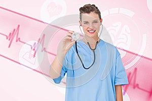 Composite image of smiling nurse using stethoscope