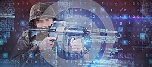 Composite image of soldier aiming with rifle