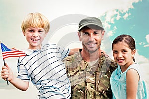 Composite image of soldier reunited with his children