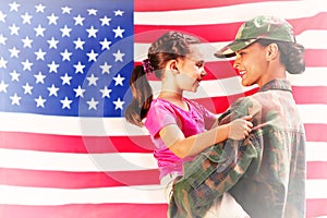 Composite image of solider reunited with daughter