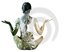 Composite image of sporty blonde sitting in lotus pose