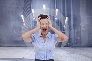 Composite image of stressed businessswoman with hand on her head