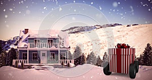 Composite image of striped red and white gift box on wheels