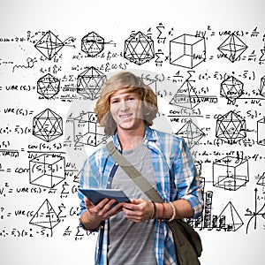 Composite image of student using tablet in library