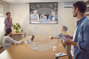 Composite image of students doing work together as they all look into the camera