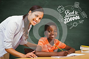 Composite image of teacher assisting boy with homework in library