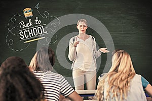 Composite image of teacher teaching students in class