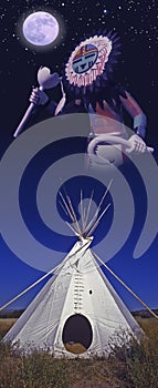 Composite image of a teepee silhouetted at dusk and Hopi kachina in the sky