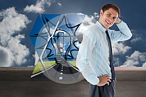 Composite image of thinking businessman with hand on head