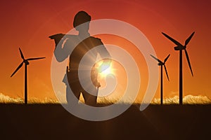 Composite image of thoughtful worker carrying wooden planks