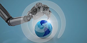 Composite image of three dimensional of chrome robotic hand with placard