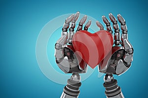 Composite image of three dimensional image of robot holding heart shape decoration 3d