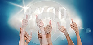 Composite image of thumbs raised and hands up