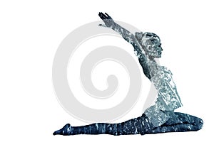 Composite image of toned young woman stretching hands backwards