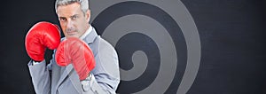 Composite image of tough businessman with boxing gloves