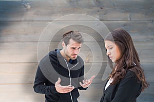 Composite image of unhappy brunette listening to boyfriend