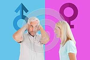 Composite image of unhappy couple having an argument with man not listening