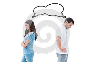 Composite image of upset couple not talking to each other after fight