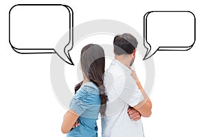 Composite image of upset couple not talking to each other after fight