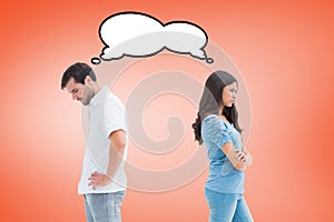 Composite image of upset couple not talking to each other after fight