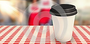 Composite image of white cup over white background