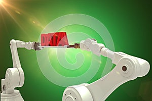 Composite image of white robotic hands holding red data message over white background