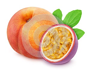 Composite image with whole and halved exotic fruits - peach and passion fruit isolated on white background. As design element