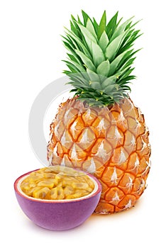 Composite image with whole and halved exotic fruits - pineapple and passion fruit isolated on white background. As