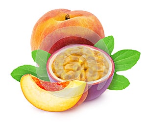 Composite image with whole and halved fruits - peach and passion fruit with leaves isolated on white background. As