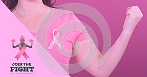 Composite image of woman with breast cancer awareness ribbon on pink background, copy space