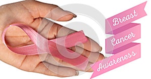 Composite image of woman with breast cancer awareness text and pink ribbon on white background