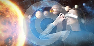 Composite image of woman experiencing virtual reality headset 3d