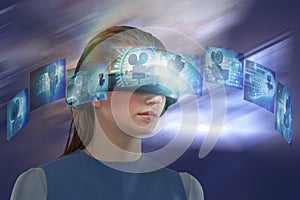 Composite image of woman experiencing virtual reality headset