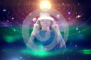 Composite image of woman experiencing virtual reality simulator 3d