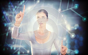 Composite image of woman gesturing against white background