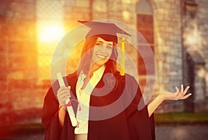 Composite image of a woman with a hand out to her side as she smiles and looks at the camera