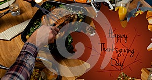 Composite image of woman having turkey meat at dinner party with happy thanksgiving text