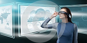 Composite image of woman wearing virtual reality glass