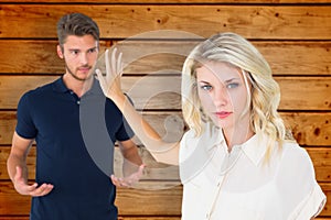 Composite image of young blonde not listening to boyfriend