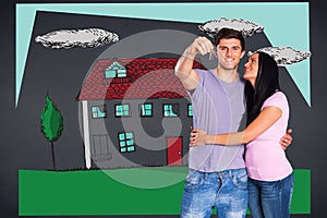 Composite image of young couple showing keys to house