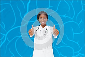 Composite image of young nurse giving thumbs up