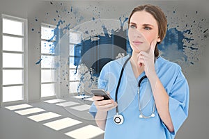 Composite image of young woman doctor thinking