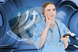 Composite image of young woman doctor thinking