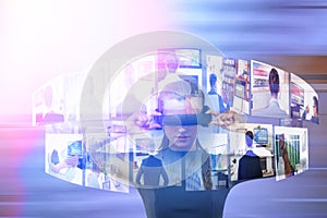 Composite image of young woman experiencing virtual reality simulator