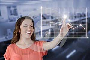 Composite image of young woman touching virtual graph