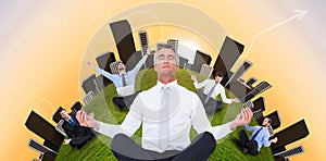 Composite image of zen businessman meditating in lotus pose