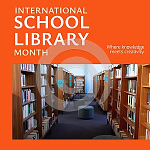 Composite of international school library month and various books arranged on shelves in library