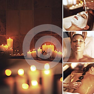 Composite, massage and spa with a woman in series enjoying a relax or treatment in a beauty center. Facial, hot stone