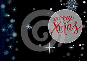 Composite of merry xmas text over snow falling on blue background