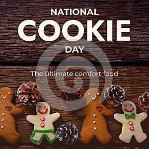 Composite of national cookie day and the ultimate comfort food text and gingerbread cookies on table